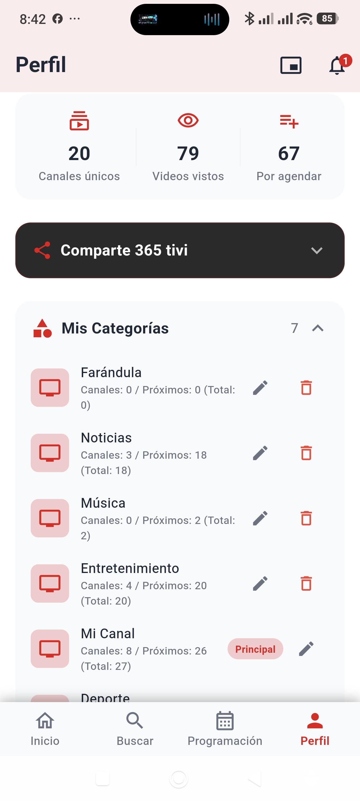 Gestión de categorías en 365Tivi