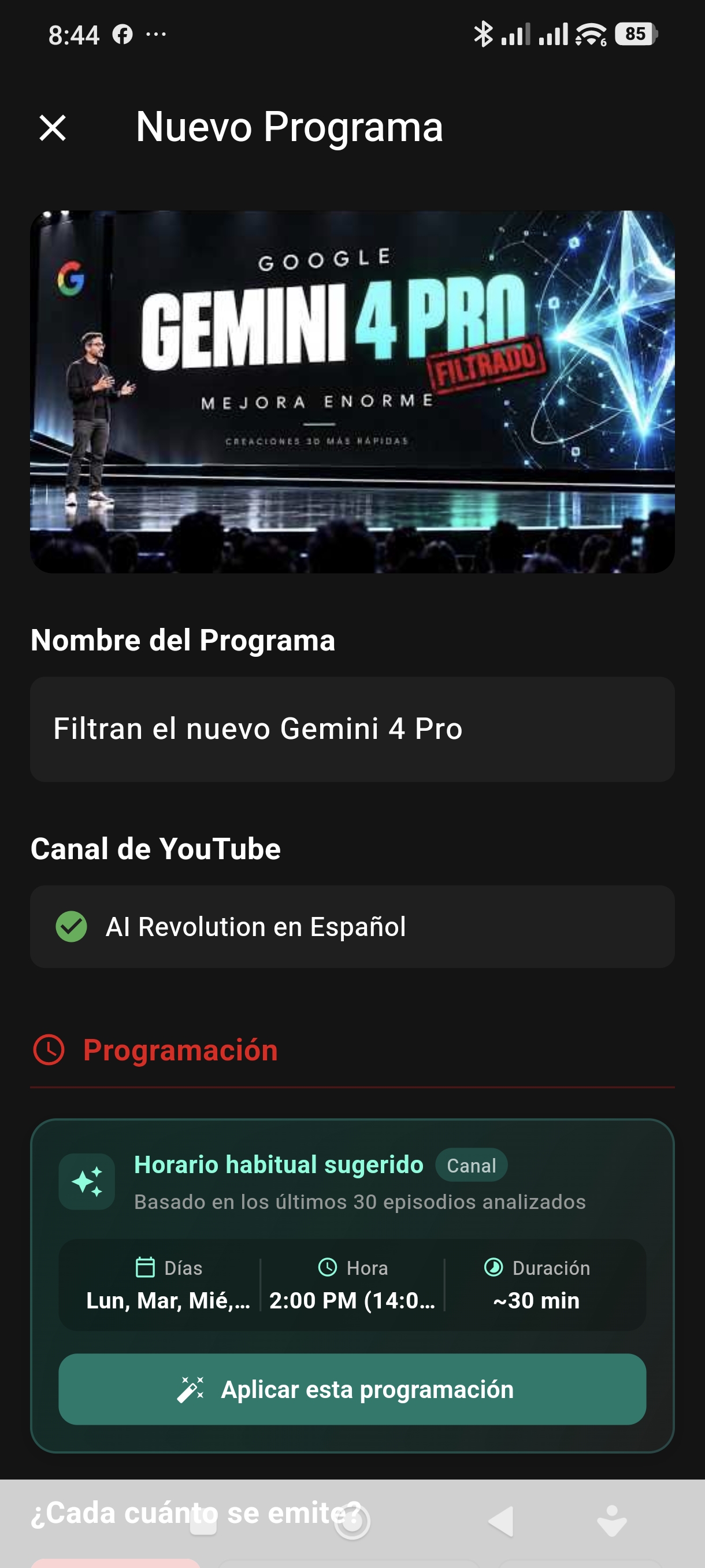 Sugerencia de horario habitual inteligente en 365Tivi