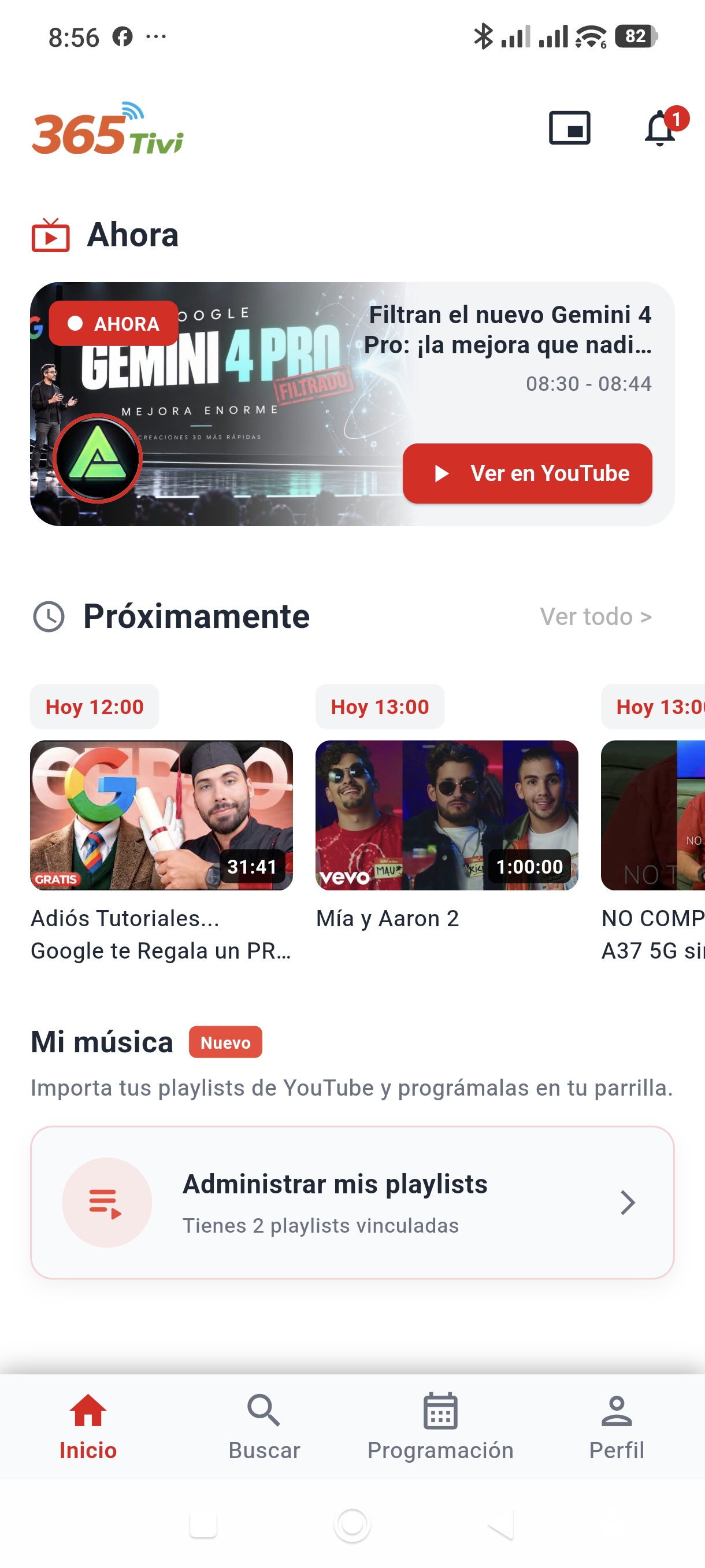 Pantalla de inicio con sección Ahora y Próximamente