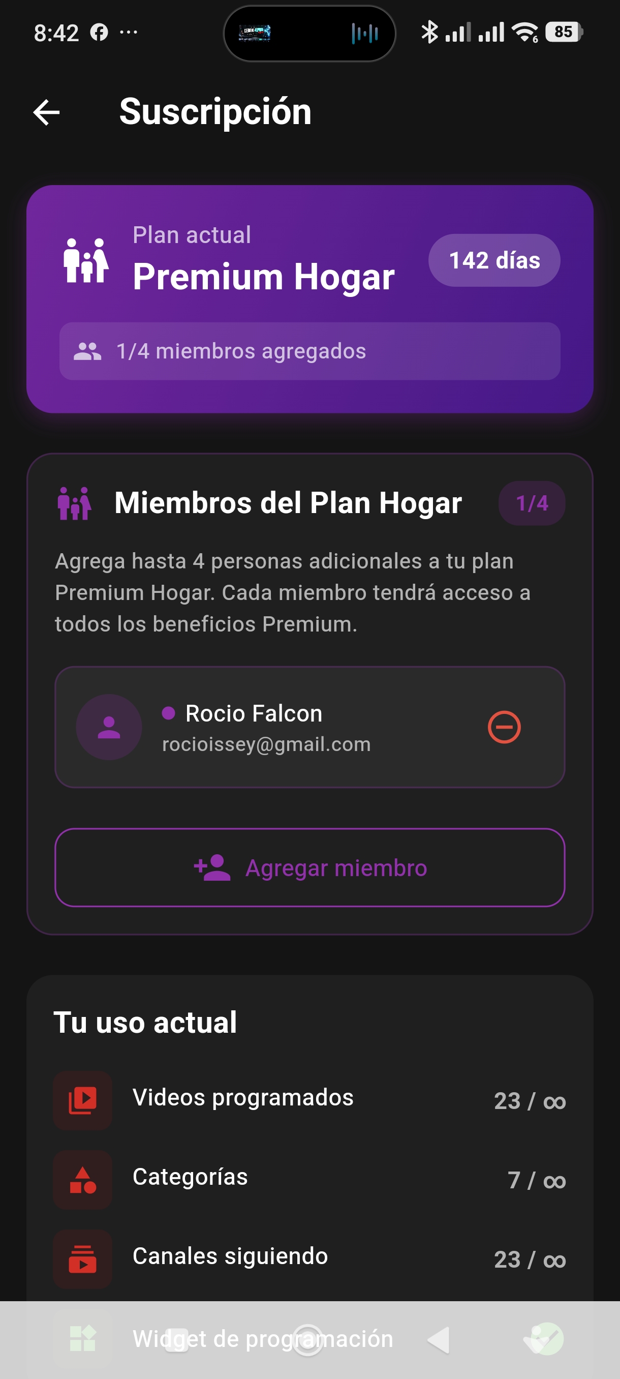 Panel de gestión de miembros del Plan Premium Hogar