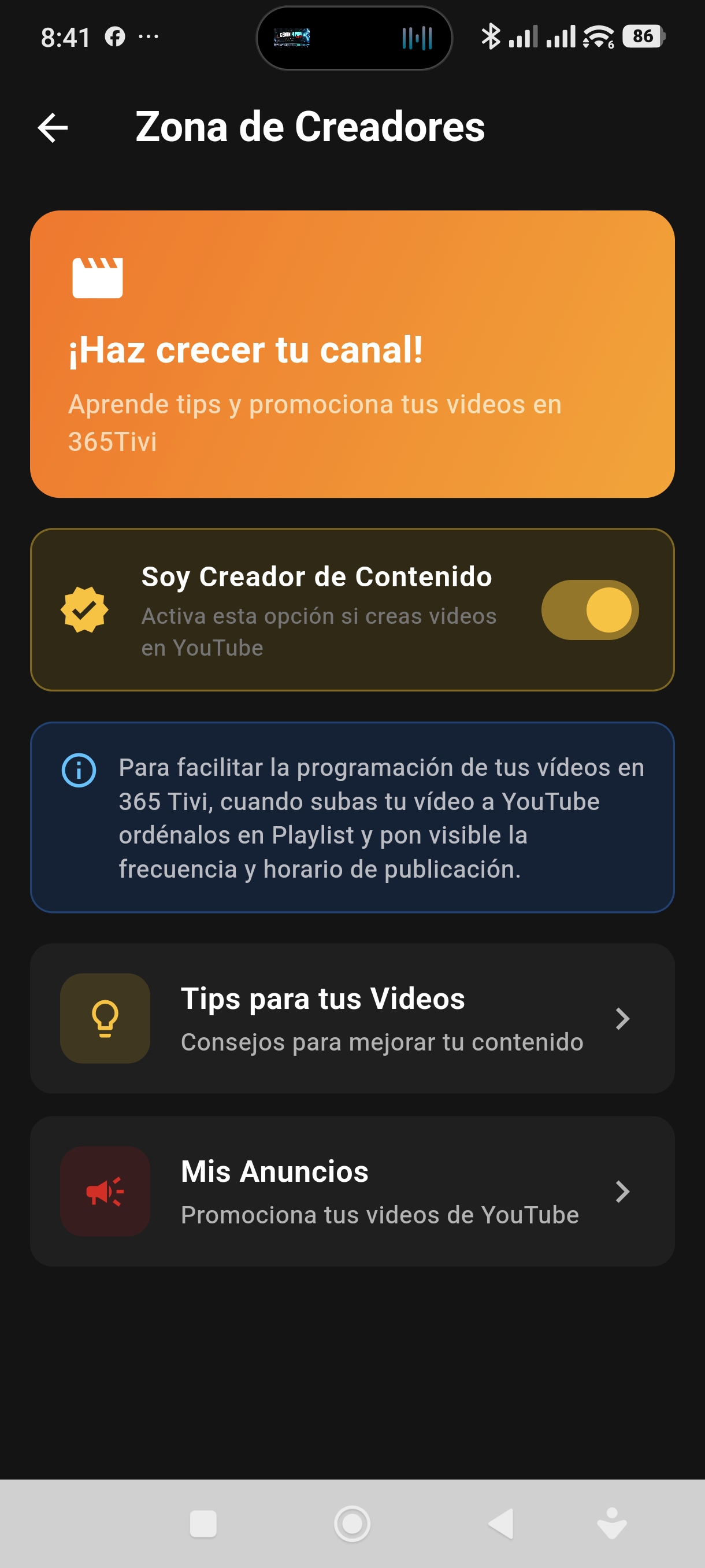 Pantalla real de Zona de Creadores en 365Tivi